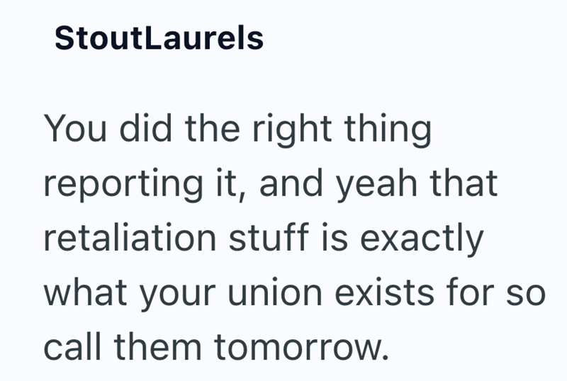 StoutLaurels You did the right thing reporting it, and yeah that retaliation stuff is exactly what your union exists for so call them tomorrow.