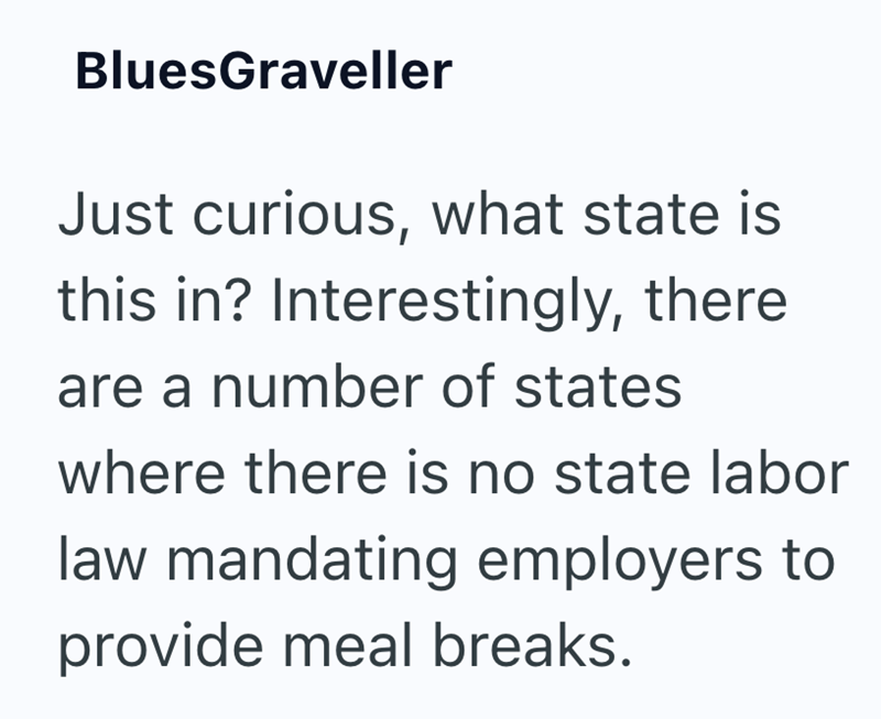 BluesGraveller Just curious, what state is this in? Interestingly, there are a number of states where there is no state labor law mandating employers to provide meal breaks.