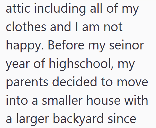 attic including all of my clothes and I am not happy. Before my seinor year of highschool, my parents decided to move into a smaller house with a larger backyard since