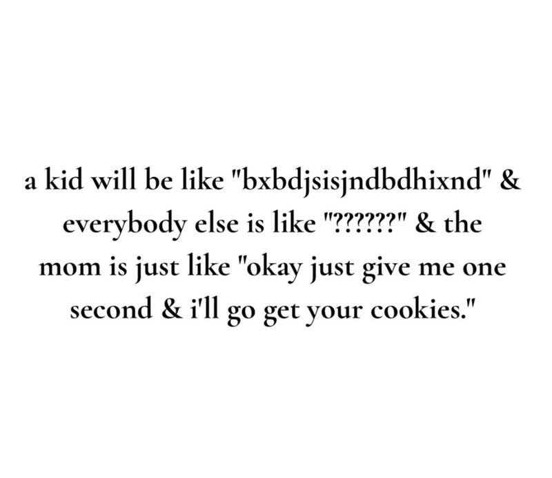 a kid will be like "bxbdjsisjndbdhixnd" & everybody else is like "??????" & the mom is just like "okay just give me one second & i'll go get your cookies."