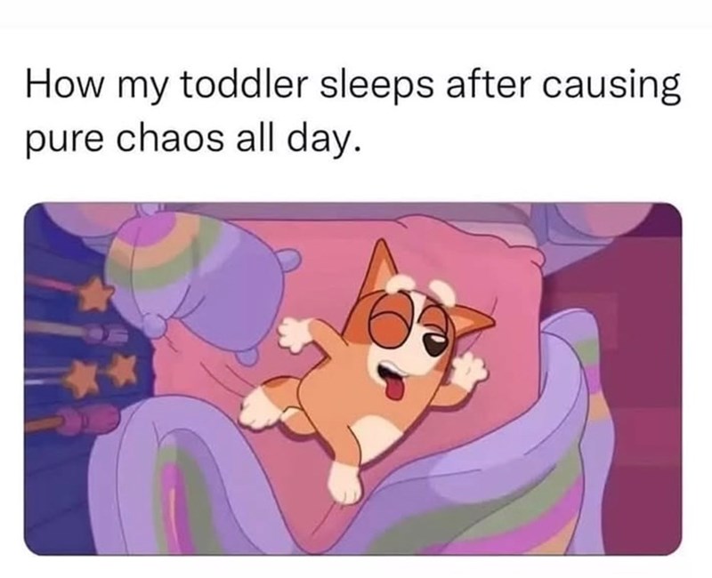 How my toddler sleeps after causing pure chaos all day.
