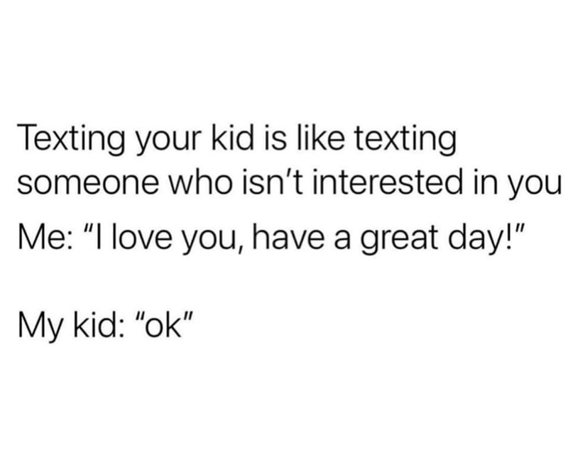 Texting your kid is like texting someone who isn't interested in you Me: "I love you, have a great day!" My kid: "ok"