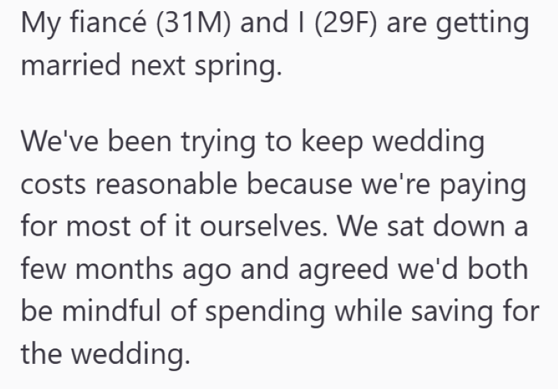 My fiancé (31M) and I (29F) are getting married next spring. We've been trying to keep wedding costs reasonable because we're paying for most of it ourselves. We sat down a few months ago and agreed we'd both be mindful of spending while saving for the wedding.