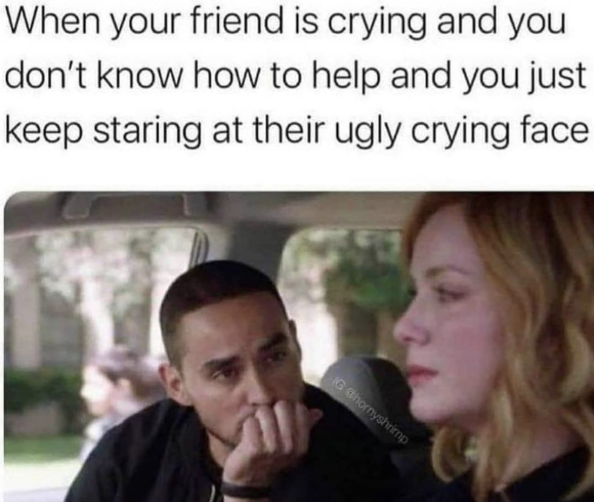 When your friend is crying and you don't know how to help and you just keep staring at their ugly crying face IG @hornyshrimp