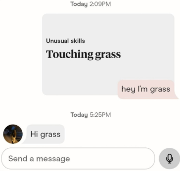 Today 2:09PM Unusual skills Touching grass Hi grass Send a message Today 5:25PM hey I'm grass