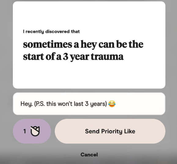 I recently discovered that sometimes a hey can be the start of a 3 year trauma Hey. (P.S. this won't last 3 years) Send Priority Like Cancel
