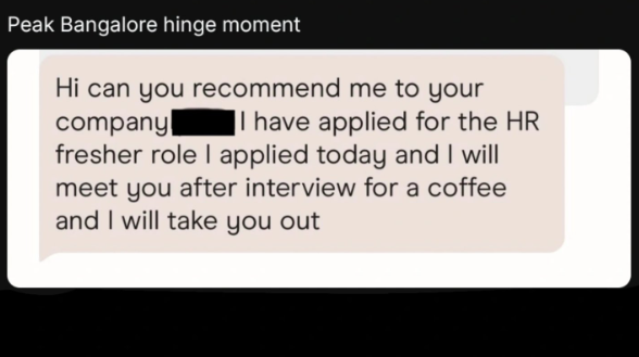 Peak Bangalore hinge moment company Hi can you recommend me to your |I have applied for the HR fresher role I applied today and I will meet you after interview for a coffee and I will take you out