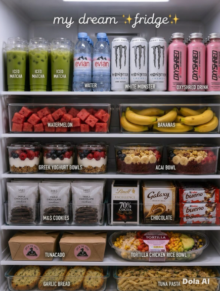 my dream + fridge+ evian evian ICED MATCHA ICED MATCHA ICED MATCHA WATER MONSTER MONSTER MONSTER EMERLY WHITE MONSTER OXYSHRED 03HHSAXO OXYSHRED DRINK WATERMELON GREEK YOGHURT BOWLS MSS TRIPLE CHOCOLATE CHOCOLATE M&S COOKIES BANANAS ACAI BOWL Lindl EXCELLENCEL 70% Galaxy COCOA CHOCOLATE TORTILLA TUNACADO TORTILLA CHICKEN RICE BOWL GARLIC BREAD bueno Kinder bueno TUNA PASTA Dola Al OXYSHRED