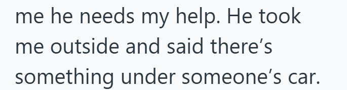 me he needs my help. He took me outside and said there's something under someone's car.