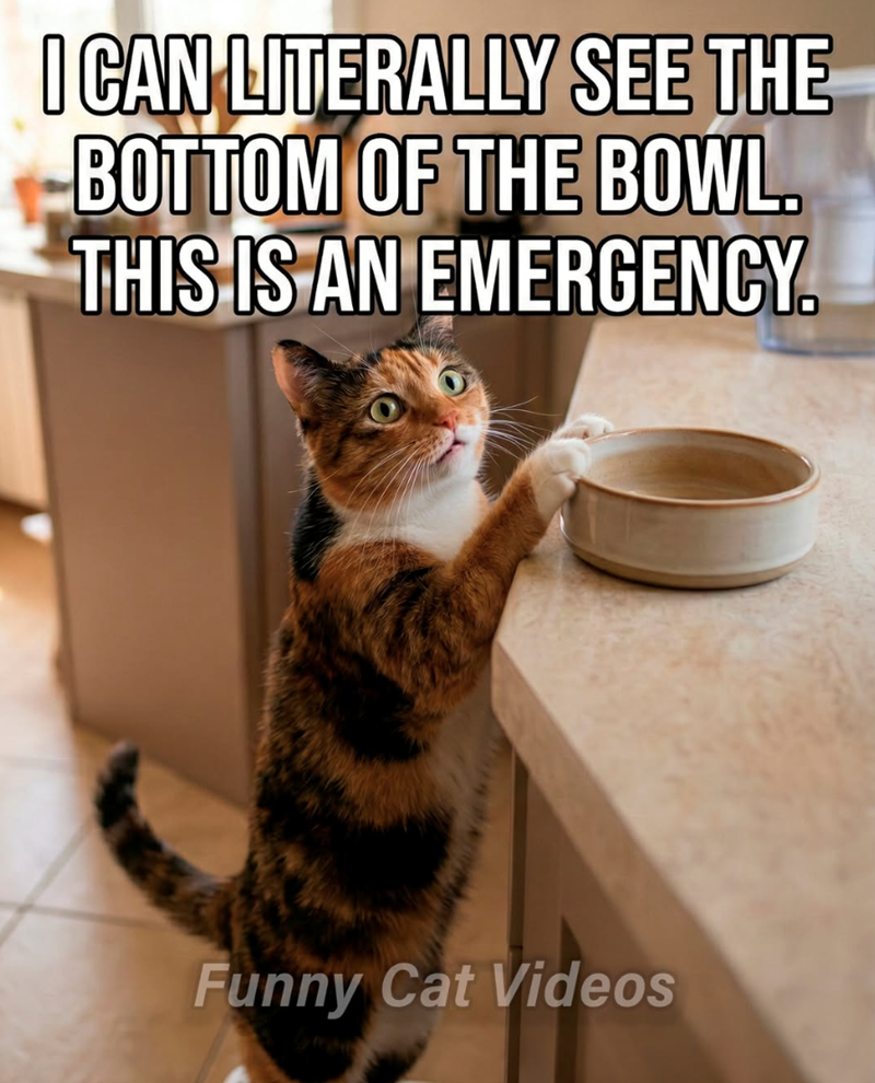I CAN LITERALLY SEE THE -BOTTOM OF THE BOWL. THIS IS AN EMERGENCY. Funny Cat Videos