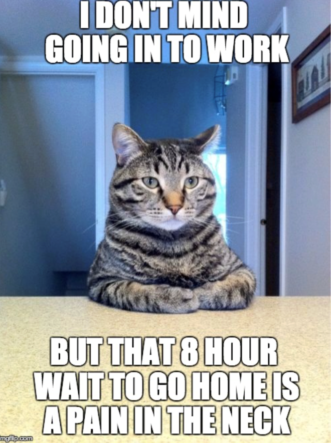 I DON'T MIND GOING IN TO WORK mgflip.com BUT THAT 8 HOUR WAIT TO GO HOME IS A PAIN IN THE NECK