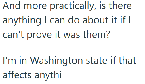 And more practically, is there anything I can do about it if I can't prove it was them? I'm in Washington state if that affects anythi