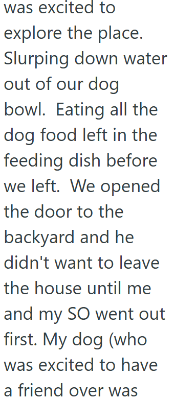was excited to explore the place. Slurping down water out of our dog bowl. Eating all the dog food left in the feeding dish before we left. We opened the door to the backyard and he didn't want to leave the house until me and my SO went out first. My dog (who was excited to have a friend over was