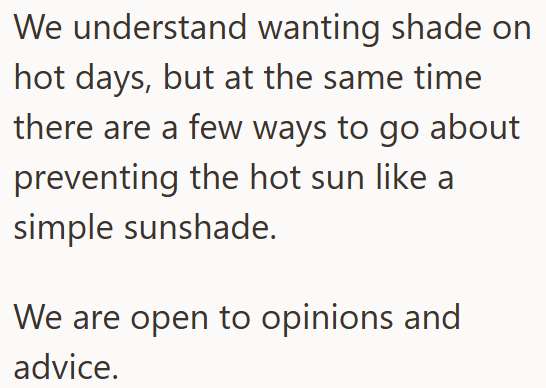 We understand wanting shade on hot days, but at the same time there are a few ways to go about preventing the hot sun like a simple sunshade. We are open to opinions and advice.