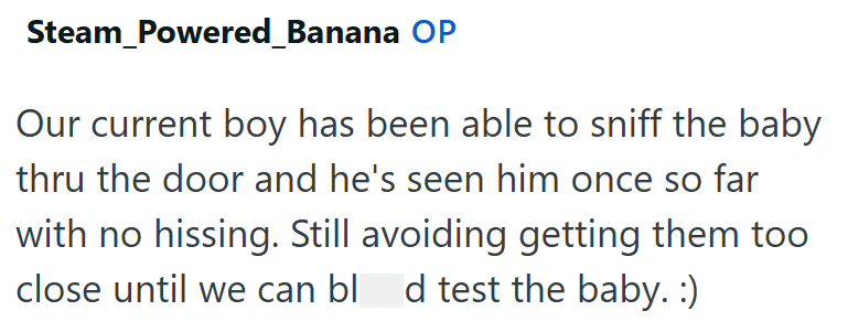 Steam_Powered_Banana OP Our current boy has been able to sniff the baby thru the door and he's seen him once so far with no hissing. Still avoiding getting them too close until we can bl d test the baby. :)