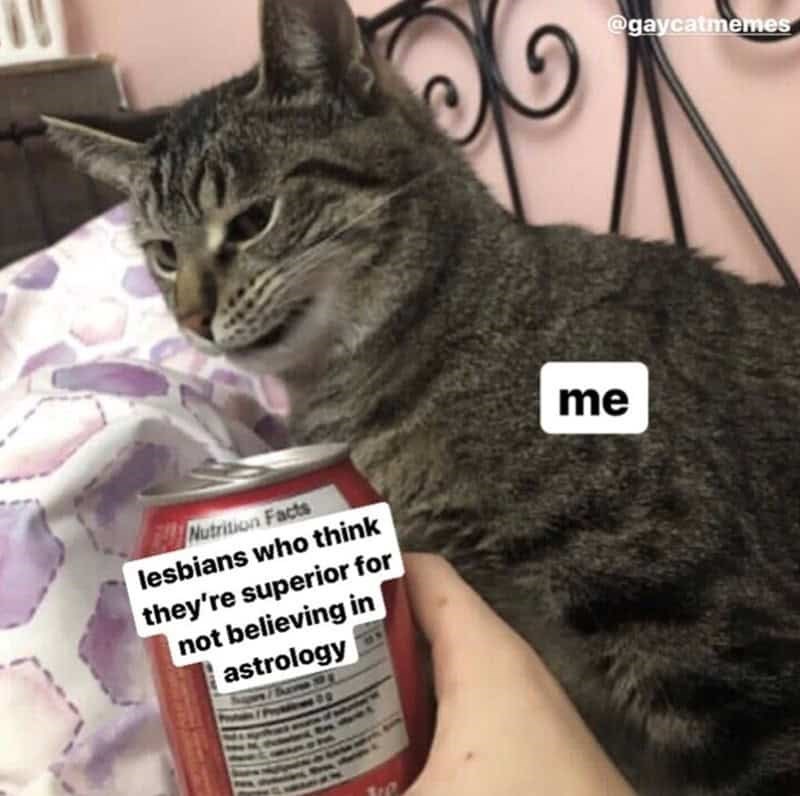 Nutrition Facts lesbians who think they're superior for not believing in astrology me @gaycatmemes