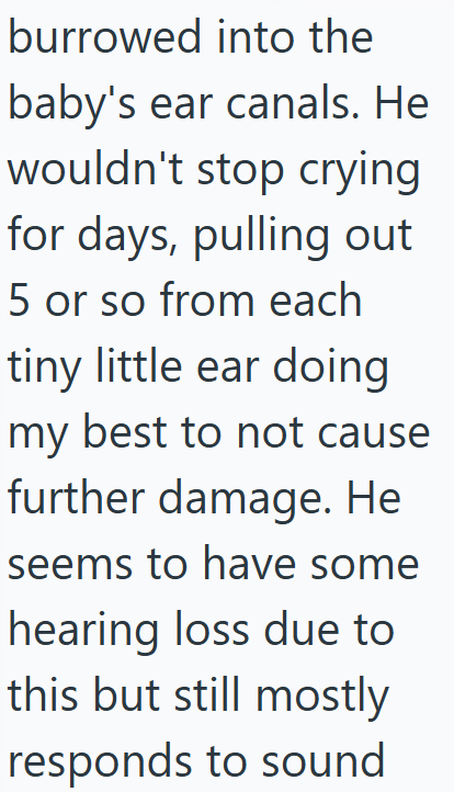 burrowed into the baby's ear canals. He wouldn't stop crying for days, pulling out 5 or so from each tiny little ear doing my best to not cause further damage. He seems to have some hearing loss due to this but still mostly responds to sound