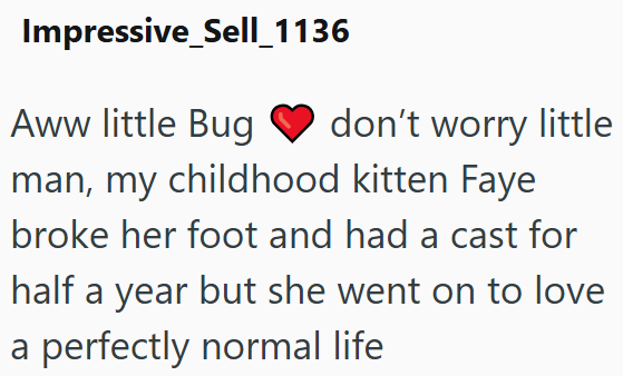 Impressive Sell_1136 Aww little Bug don't worry little man, my childhood kitten Faye broke her foot and had a cast for half a year but she went on to love a perfectly normal life