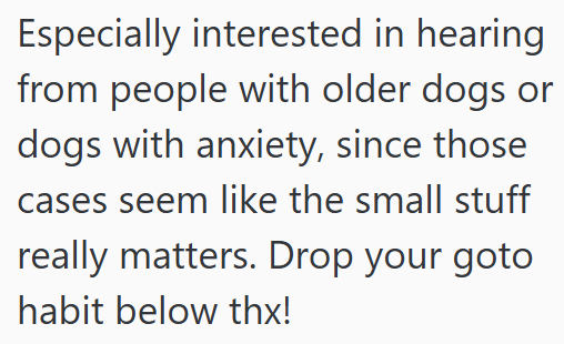 Especially interested in hearing from people with older dogs or dogs with anxiety, since those cases seem like the small stuff really matters. Drop your goto habit below thx!
