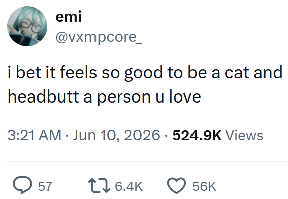 emi @vxmpcore_ i bet it feels so good to be a cat and headbutt a person u love 3:21 AM Jun 10, 2026 - 524.9K Views • 57 16.4K 56K