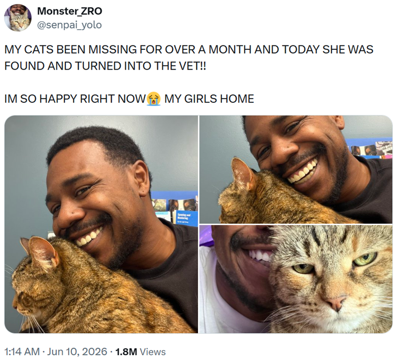 Monster ZRO @senpai_yolo MY CATS BEEN MISSING FOR OVER A MONTH AND TODAY SHE WAS FOUND AND TURNED INTO THE VET!! IM SO HAPPY RIGHT NOW MY GIRLS HOME 1:14 AM Jun 10, 2026 1.8M Views
