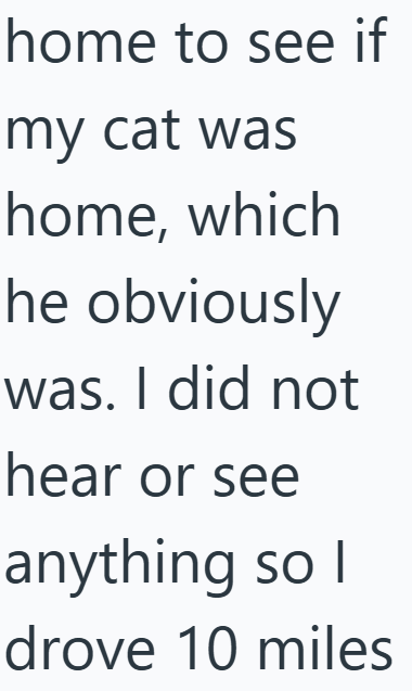 home to see if my cat was home, which he obviously was. I did not hear or see anything so I drove 10 miles
