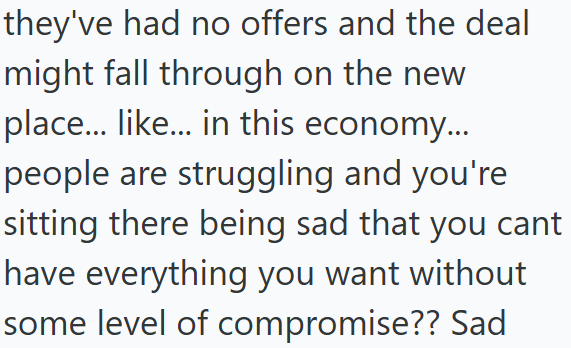 they've had no offers and the deal might fall through on the new place... like... in this economy... people are struggling and you're sitting there being sad that you cant have everything you want without some level of compromise?? Sad