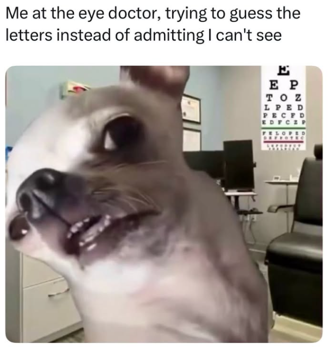 Me at the eye doctor, trying to guess the letters instead of admitting I can't see E E P TOZ LPED PECFD EDFCZP