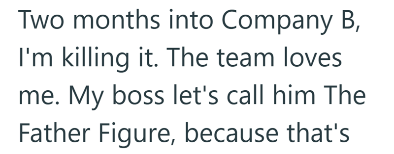 Two months into Company B, I'm killing it. The team loves me. My boss let's call him The Father Figure, because that's