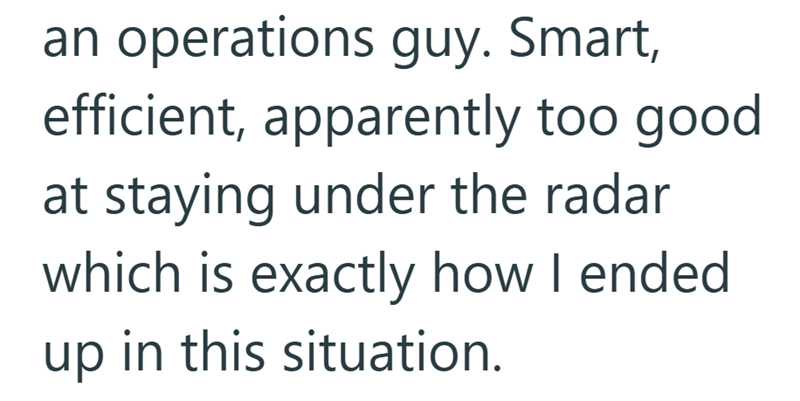 an operations guy. Smart, efficient, apparently too good at staying under the radar which is exactly how I ended up in this situation.