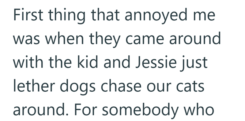First thing that annoyed me was when they came around with the kid and Jessie just lether dogs chase our cats around. For somebody who