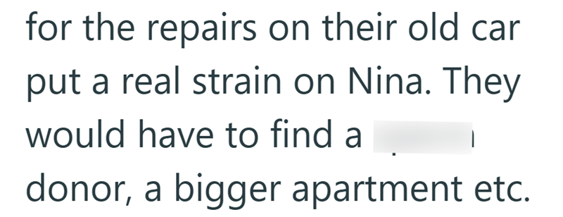 for the repairs on their old car put a real strain on Nina. They would have to find a donor, a bigger apartment etc.
