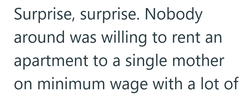 Surprise, surprise. Nobody around was willing to rent an apartment to a single mother on minimum wage with a lot of