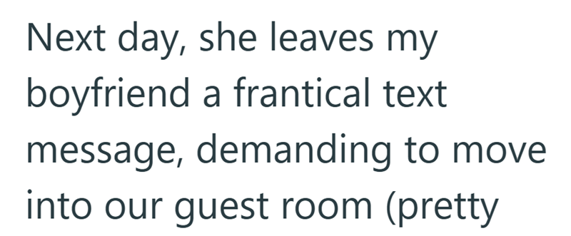 Next day, she leaves my boyfriend a frantical text message, demanding to move into our guest room (pretty