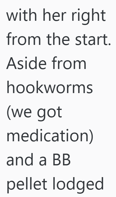 with her right from the start. Aside from hookworms (we got medication) and a BB pellet lodged