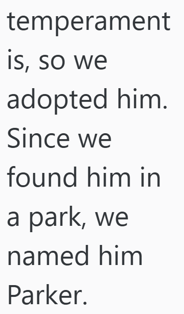 temperament is, so we adopted him. Since we found him in a park, we named him Parker.
