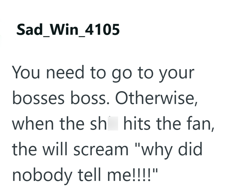 Sad_Win_4105 You need to go to your bosses boss. Otherwise, when the sh hits the fan, the will scream "why did nobody tell me!!!!"