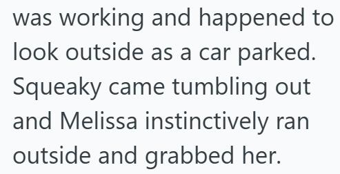 was working and happened to look outside as a car parked. Squeaky came tumbling out and Melissa instinctively ran outside and grabbed her.