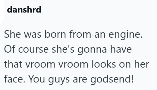 danshrd She was born from an engine. Of course she's gonna have that vroom vroom looks on her face. You guys are godsend!