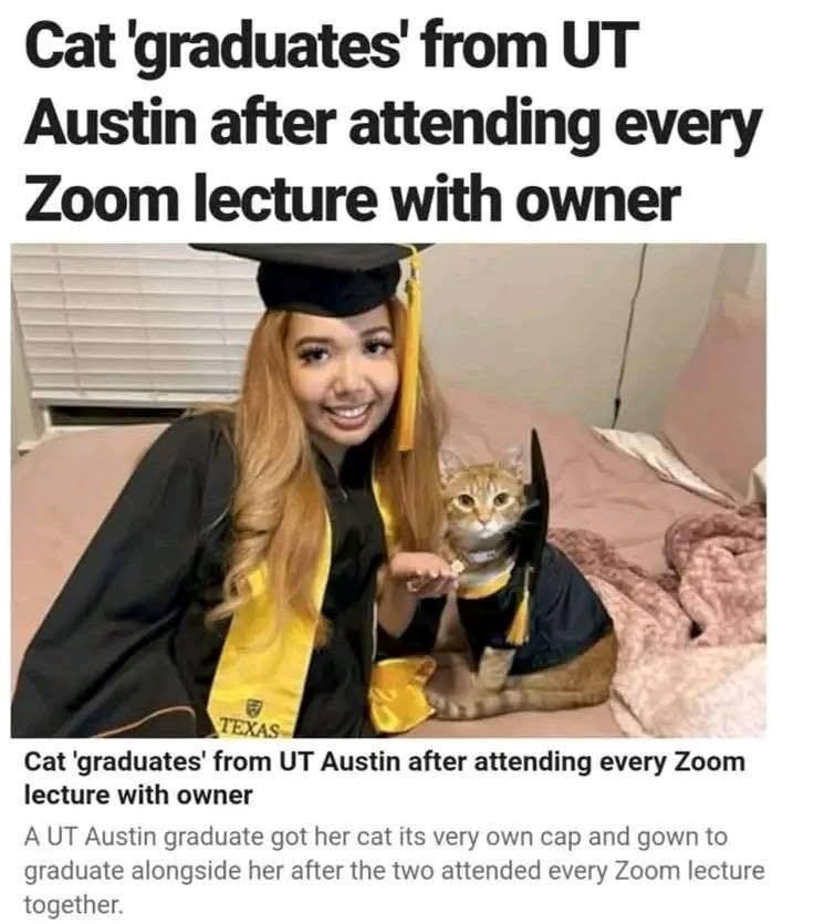 Cat 'graduates' from UT Austin after attending every Zoom lecture with owner TEXAS Cat 'graduates' from UT Austin after attending every Zoom lecture with owner A UT Austin graduate got her cat its very own cap and gown to graduate alongside her after the two attended every Zoom lecture together.