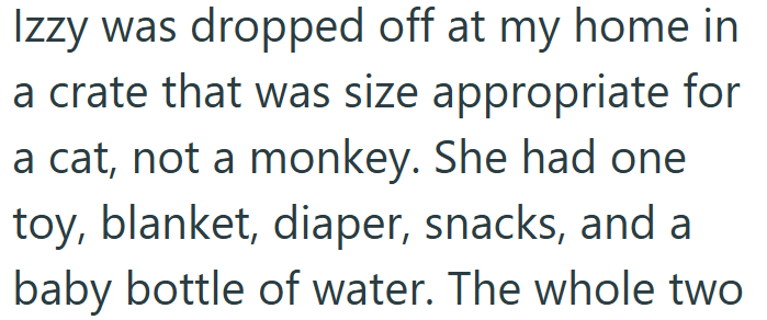 Izzy was dropped off at my home in a crate that was size appropriate for a cat, not a monkey. She had one toy, blanket, diaper, snacks, and a baby bottle of water. The whole two