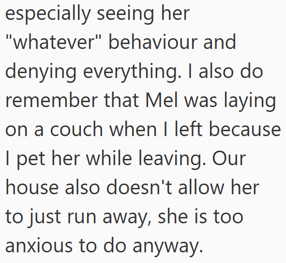 especially seeing her "whatever" behaviour and denying everything. I also do remember that Mel was laying on a couch when I left because I pet her while leaving. Our house also doesn't allow her to just run away, she is too anxious to do anyway.