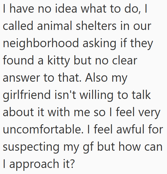 I have no idea what to do, I called animal shelters in our neighborhood asking if they found a kitty but no clear answer to that. Also my girlfriend isn't willing to talk about it with me so I feel very uncomfortable. I feel awful for suspecting my gf but how can I approach it?