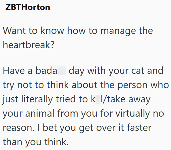 ZBTHorton Want to know how to manage the heartbreak? Have a bada day with your cat and try not to think about the person who just literally tried to k l/take away your animal from you for virtually no reason. I bet you get over it faster than you think.