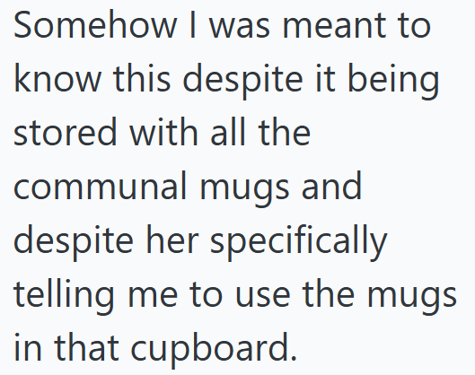 Somehow I was meant to know this despite it being stored with all the communal mugs and despite her specifically telling me to use the mugs in that cupboard.