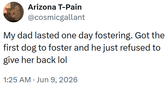 Arizona T-Pain @cosmicgallant My dad lasted one day fostering. Got the first dog to foster and he just refused to give her back lol 1:25 AM ⚫ Jun 9, 2026