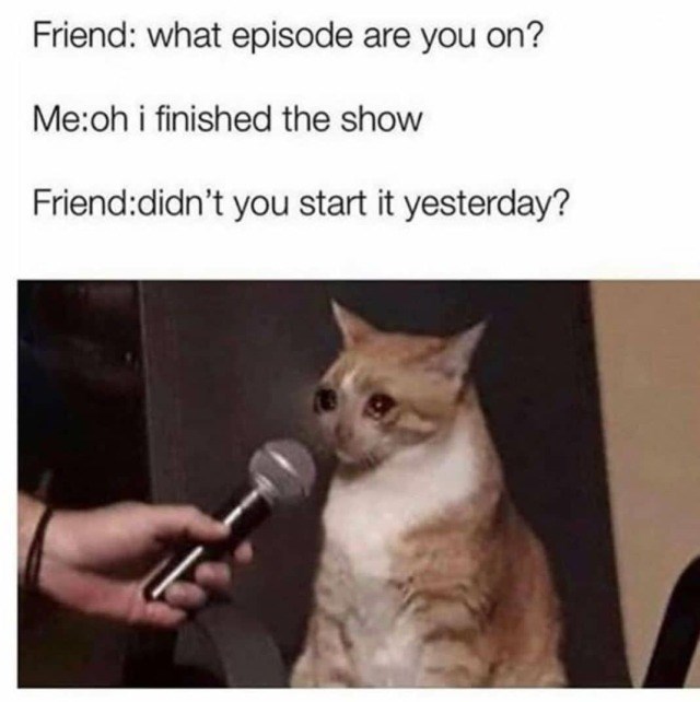Friend: what episode are you on? Me:oh i finished the show Friend:didn't you start it yesterday?