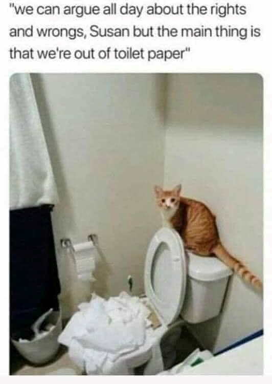 "we can argue all day about the rights and wrongs, Susan but the main thing is that we're out of toilet paper"