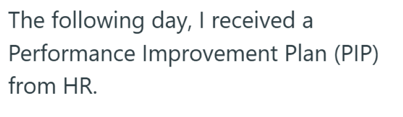 The following day, I received a Performance Improvement Plan (PIP) from HR.