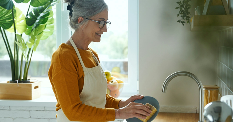 A model representing an older woman washing a dish in a kitchen sink
